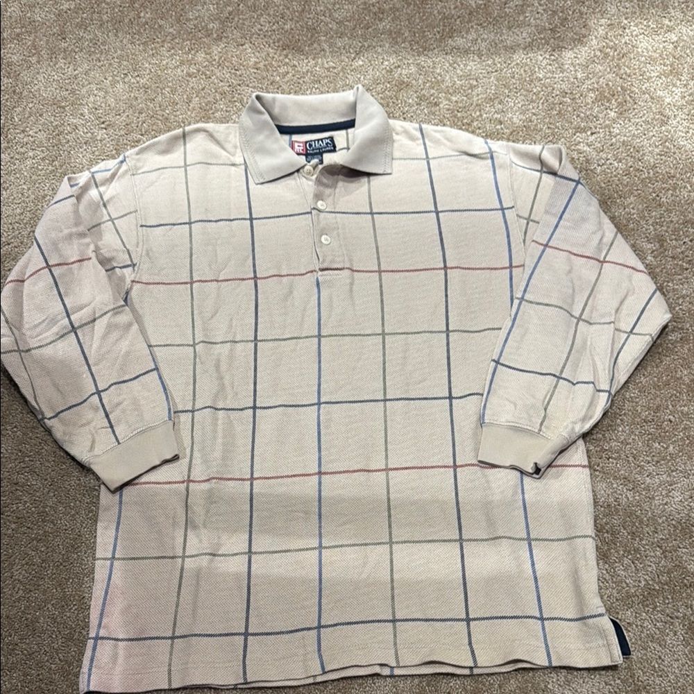 Chaps Cream Polo Shirt with Classic Windowpane Pattern
